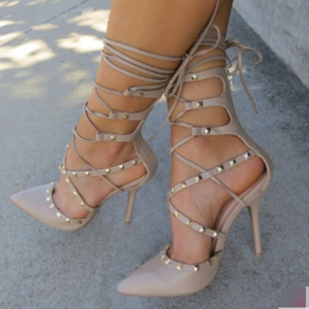 FSJ Strappy Pointed Toe Rivets Stiletto Heel Pumps